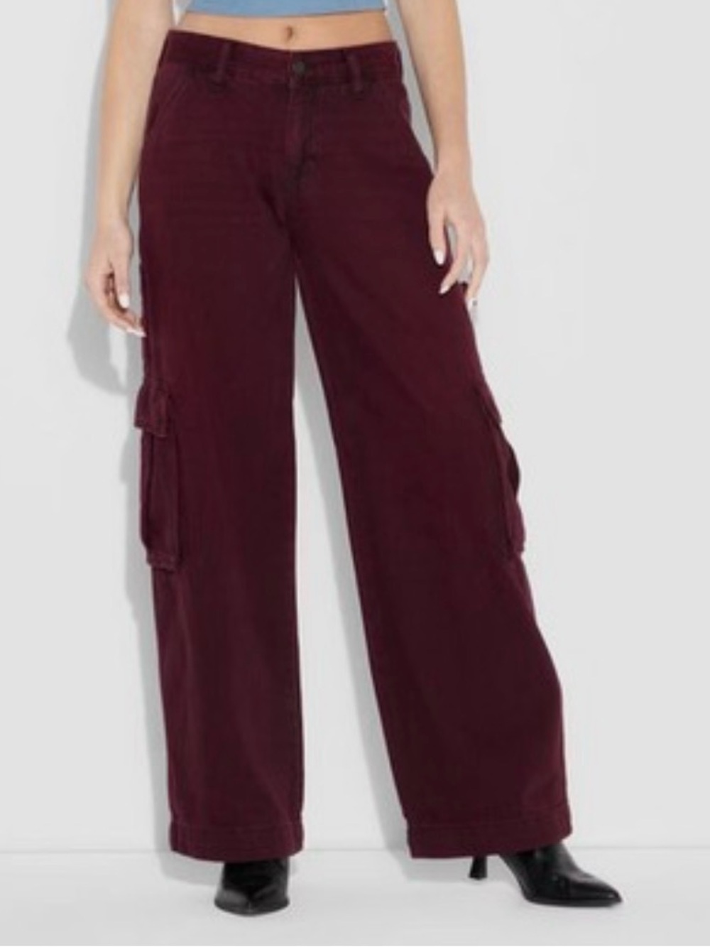 wild fable Wide-Leg Cargo Jeans in Burgundy - Picture 1 of 3